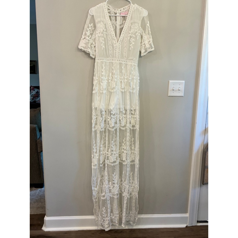 Pink Lily White Lace Maxi Romper Floral Boho Sheer Overlay Small